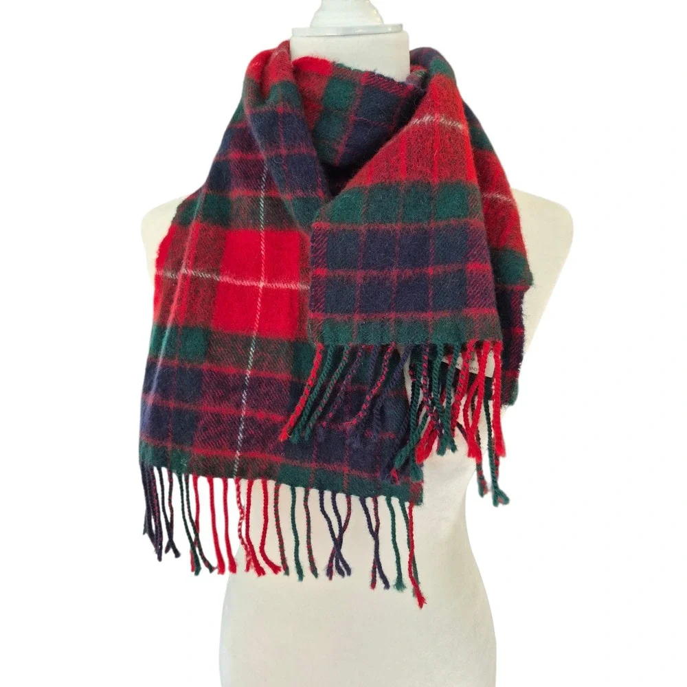 James Pringle Weavers Red Green Plaid 100% Lambswool Scarf Scotland Fringed